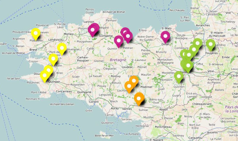 Carte de Bretagne avec des icônes colorées indiquant la localisation des événements
